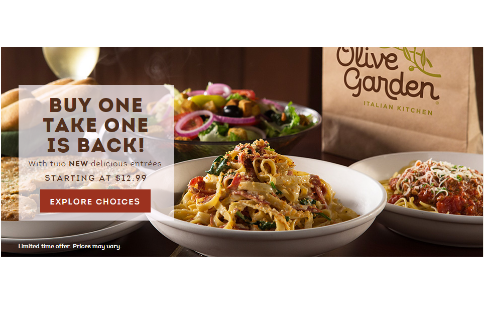 Olive Garden 5 Off Of 30 Plus Buy One Take One Home Free Promotion