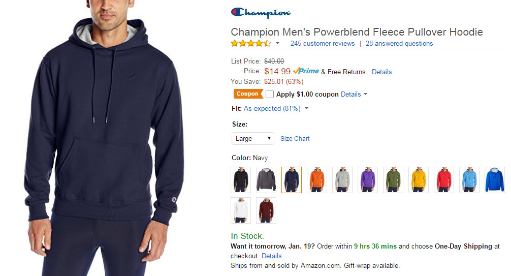 champion powerblend hoodie size chart