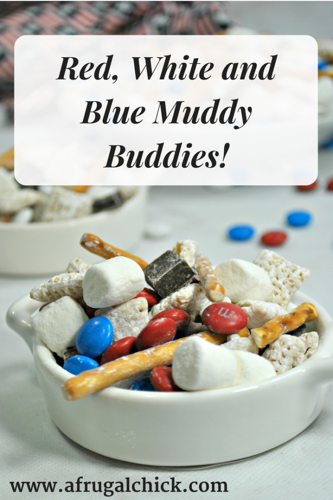 Red, White and Blue Muddy Buddies- Chocolate, powdered sugar, chex and M & Ms. It's no wonder every holiday we eat a GIANT bowl of this! Check out this simple recipe- no cooking required! 