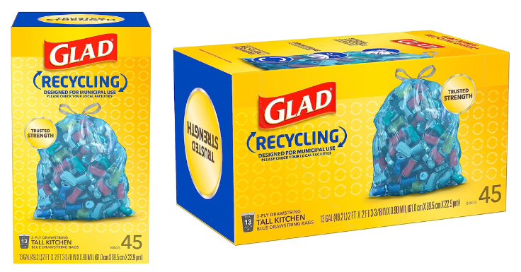 Lowest Price: Glad Recycling Tall Drawstring Kitchen Trash Bags,  Blue, 13 Gallon, 45 Count